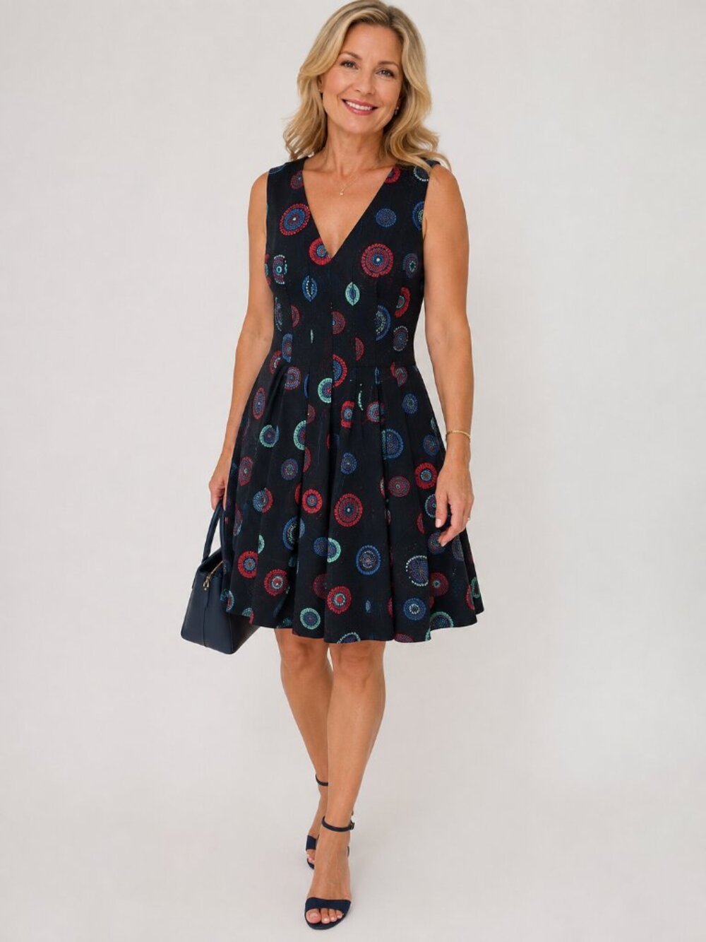 Kate Spade Amelia Fit & Flare Dress Navy Print Sleeveless Retro Feminine Sz 14